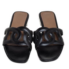 Hermes Black Leather Omaha Slide Sandals Size 37