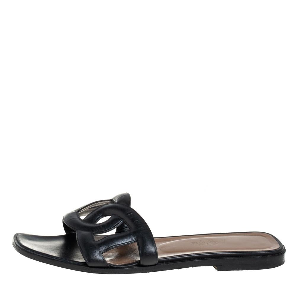Women's Hermes Black Leather Omaha Slide Sandals Size 37