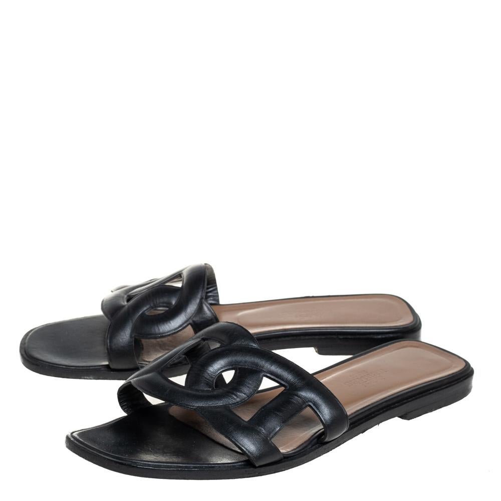 Hermes Black Leather Omaha Slide Sandals Size 37 1
