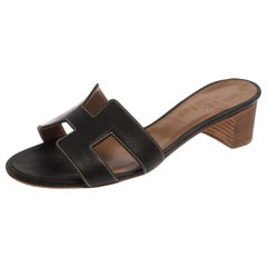 Hermes Black Leather Oran Block Heel Sandals Size 36.5