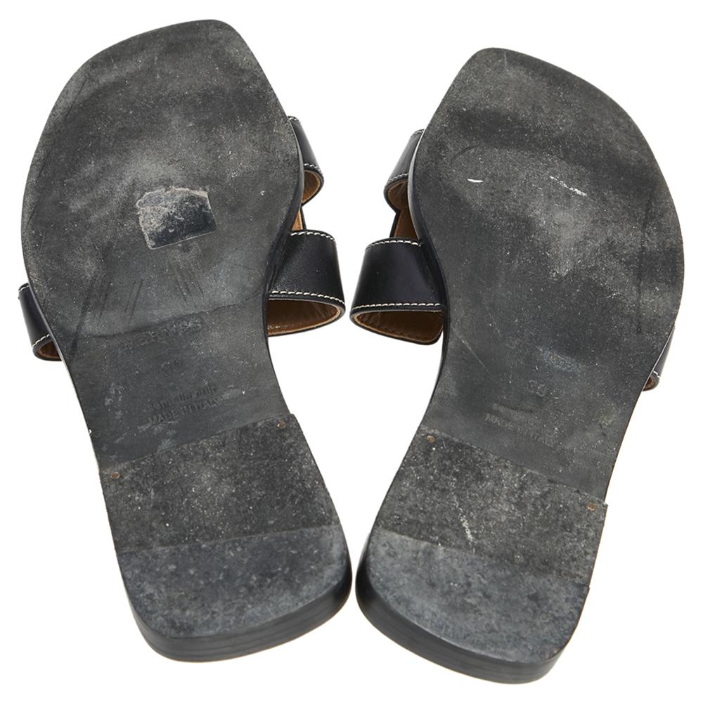 Hermes Black Leather Oran Flat Sandals Size 39 3