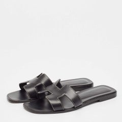 Hermes Black Leather Oran Flat Slides Size 38