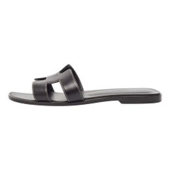 Hermes Black Leather Oran Flat Slides Size 38