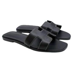 Hermes Black Leather Oran Sandal