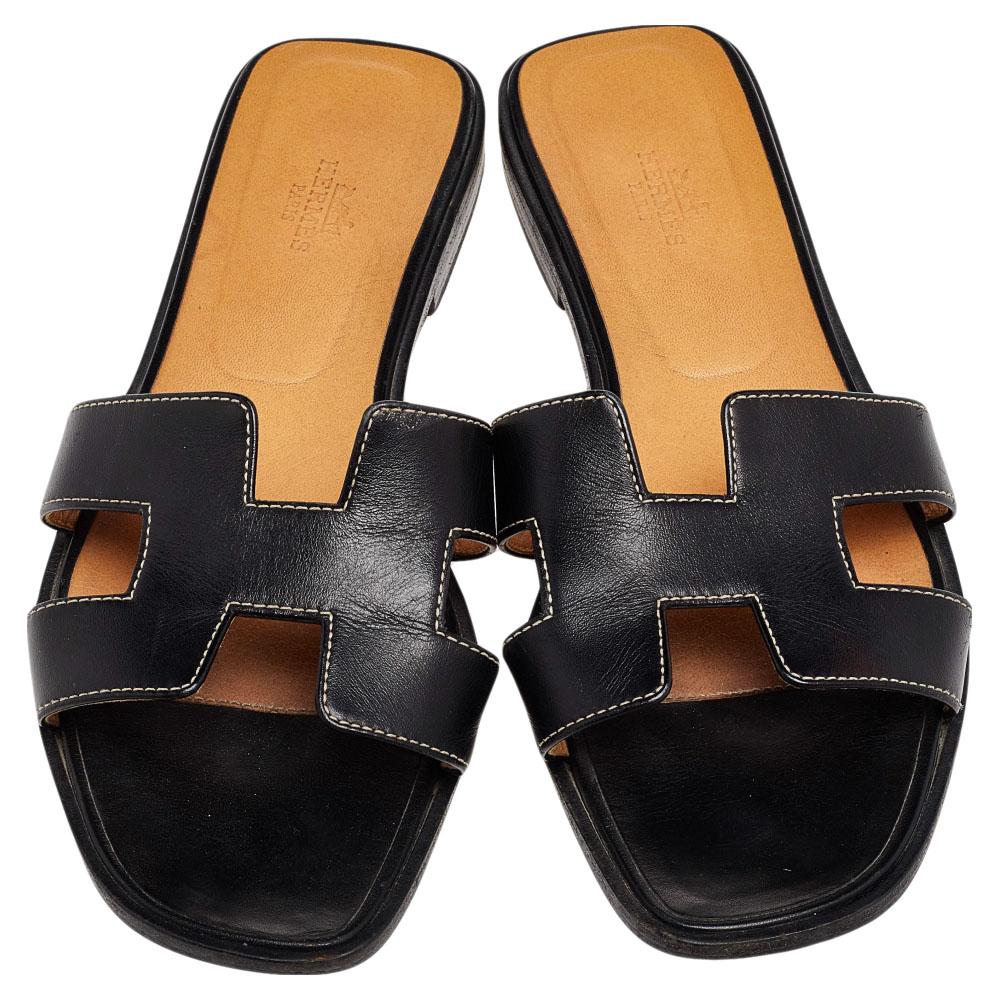 Hermes Black Leather Oran Sandals Size 39.5 1