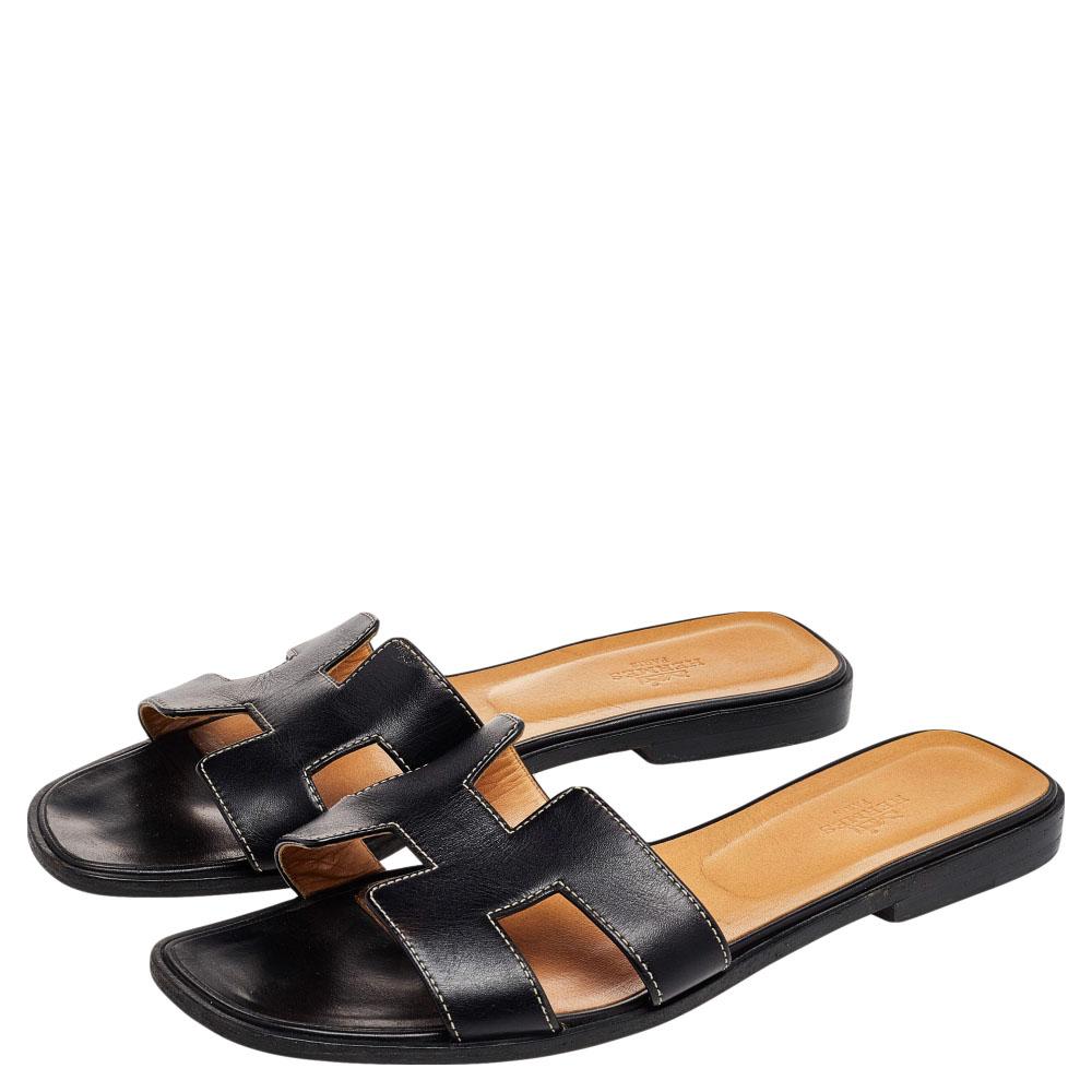 Hermes Black Leather Oran Sandals Size 39.5 3