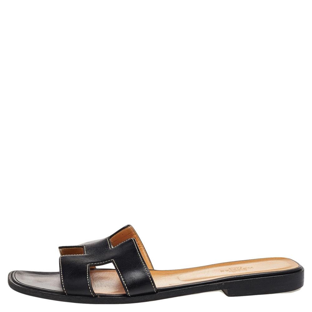 Hermes Black Leather Oran Sandals Size 39.5 4