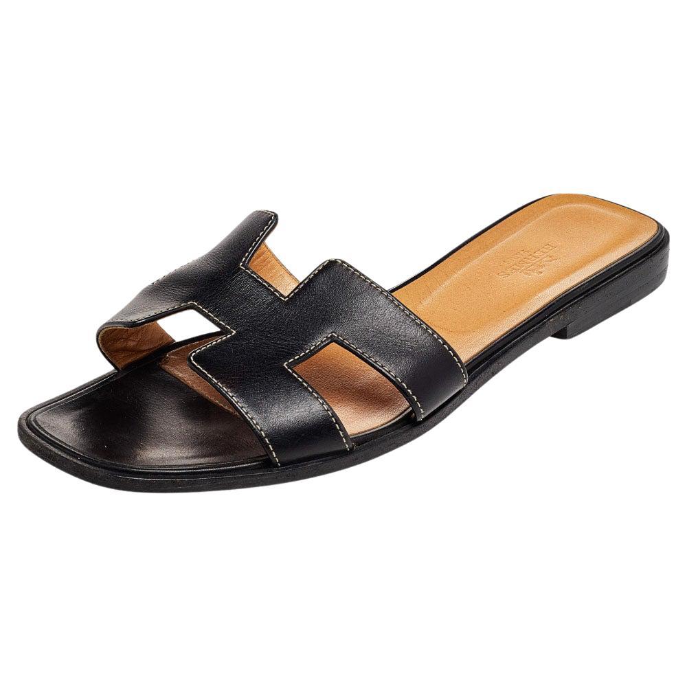 Hermes Black Leather Oran Sandals Size 39.5