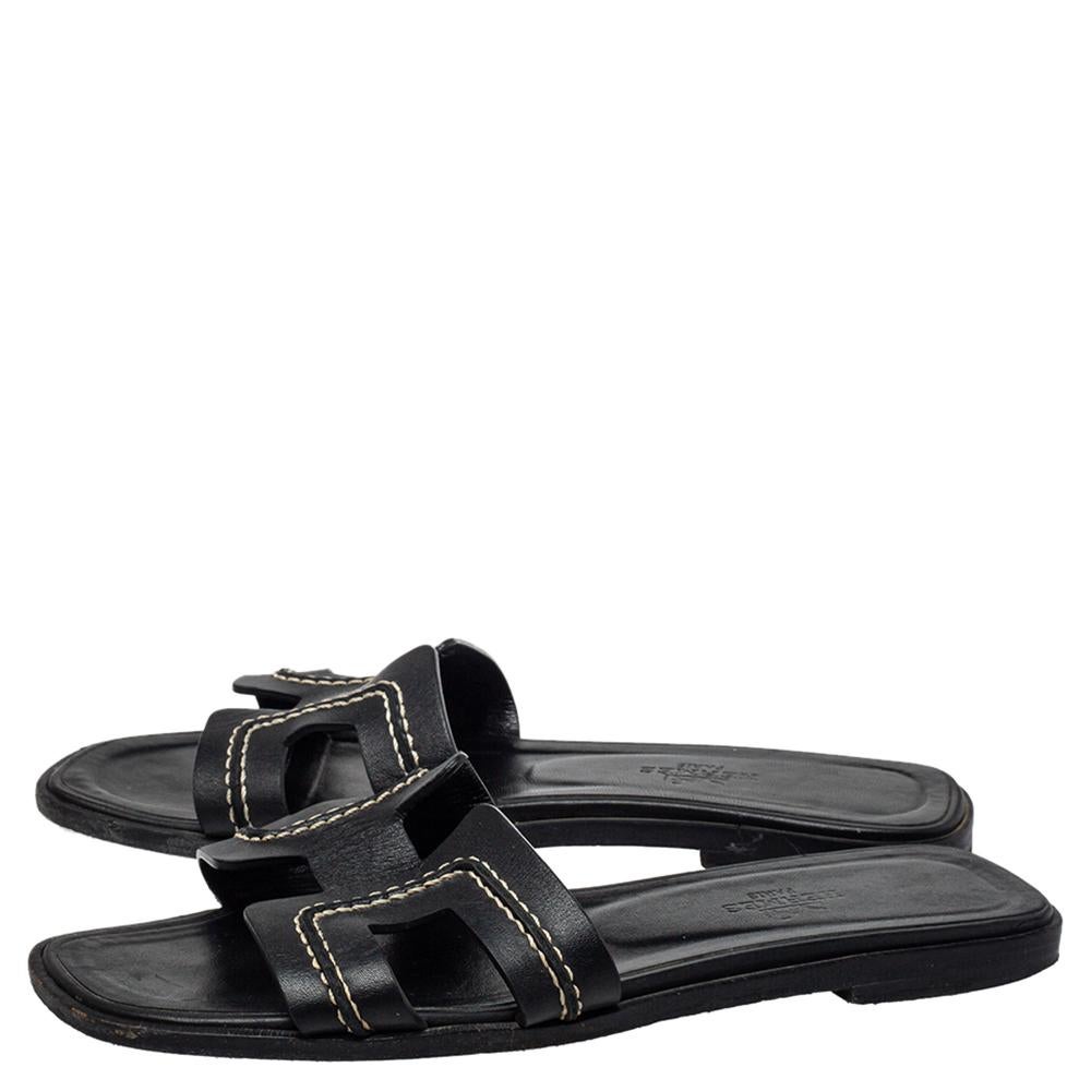 Hermes Black Leather Oran Stitched Flat Slide Size 35.5 3