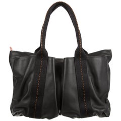 Hermes Black Leather Orange Canvas Carryall Men's Women Shoulder Travel Tote Bag