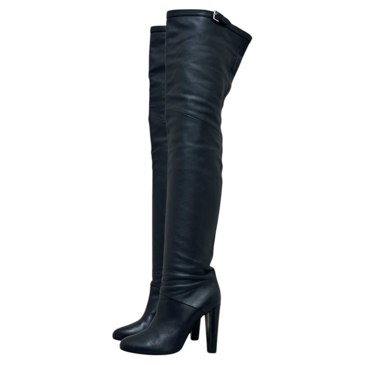 Hermès Black Leather Over-the-Knee Boots Size 39 with Buckle For Sale