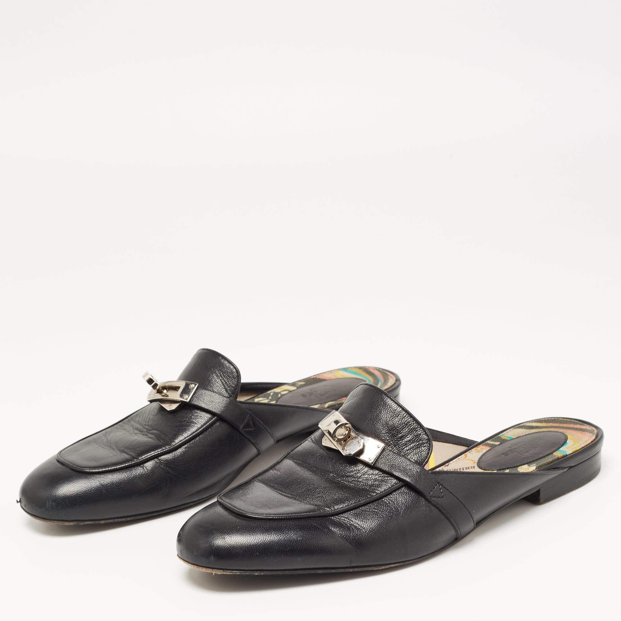 Women's Hermes Black Leather Oz Flat Mules Size 38