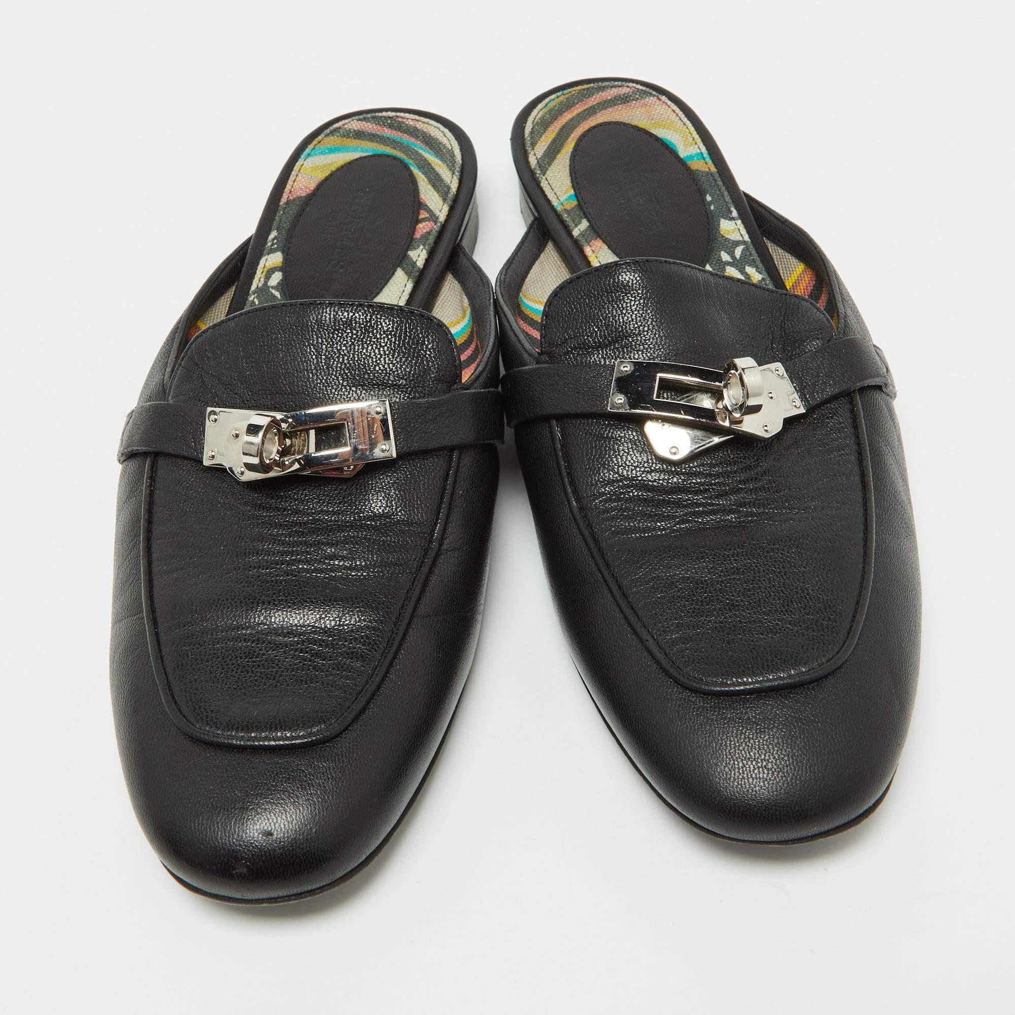 Women's Hermes Black Leather Oz Mules Size 35