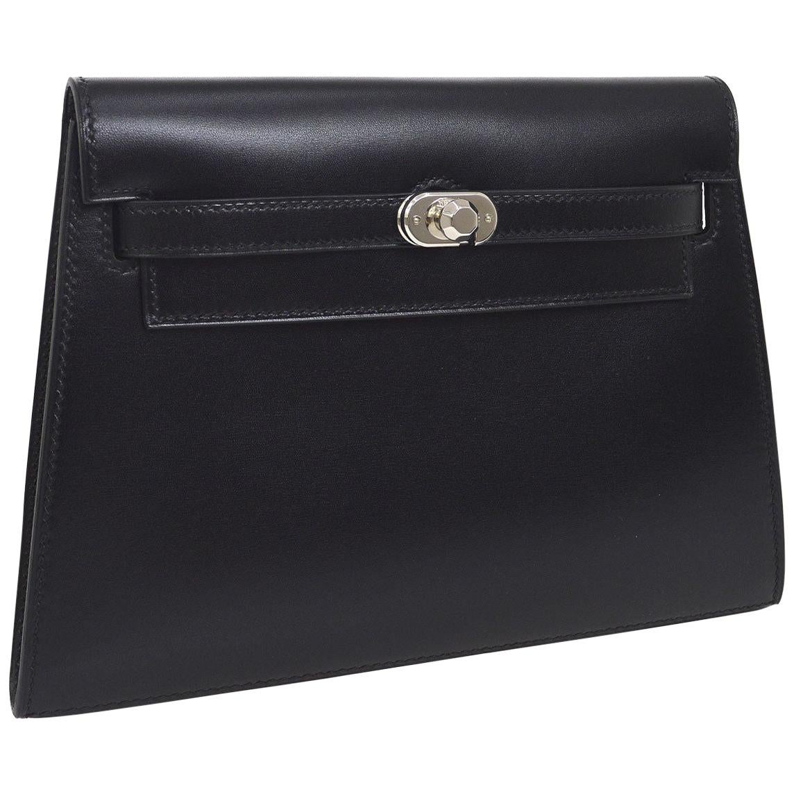 Hermes Black Leather Palladium Evening Envelope Clutch Bag