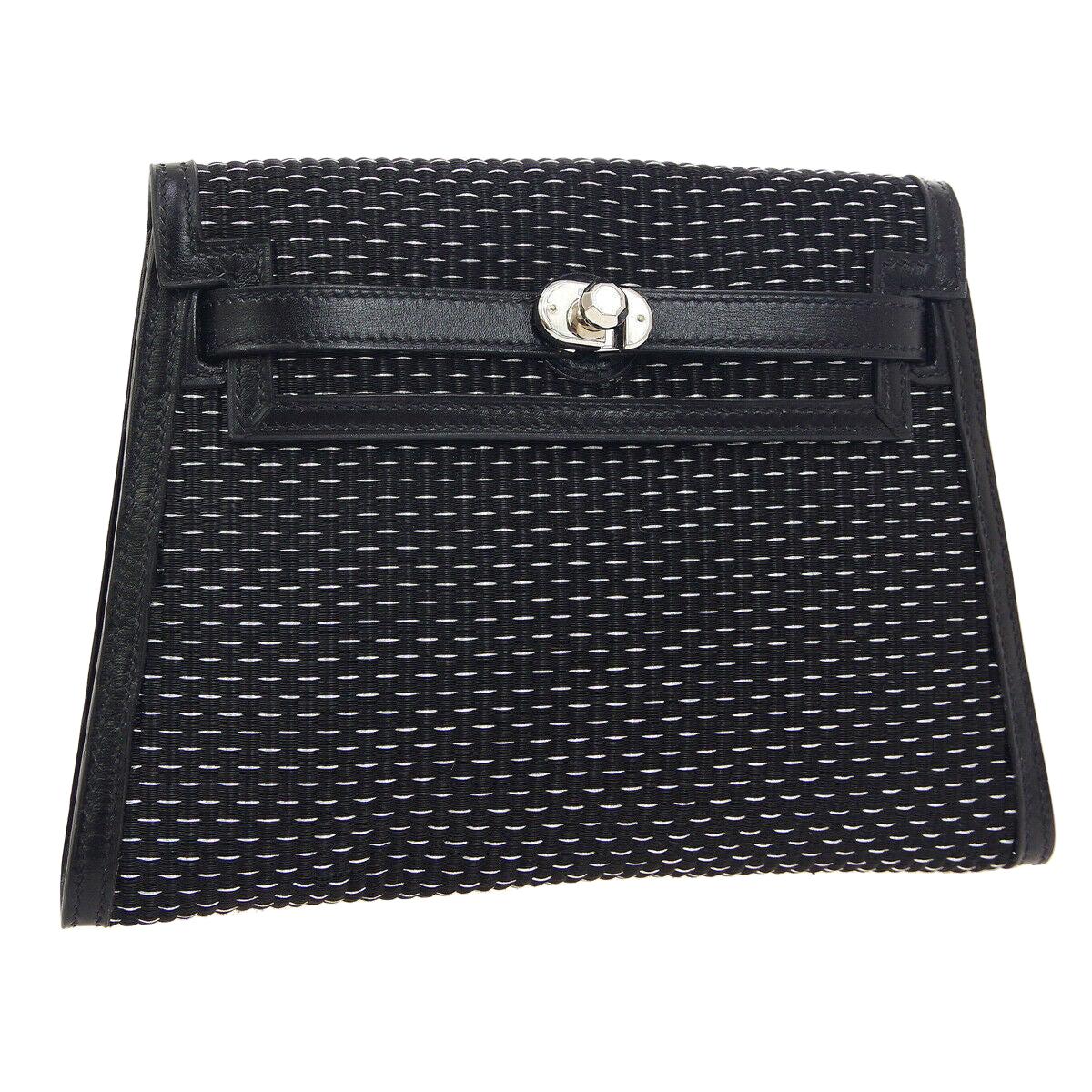 Hermes Black Leather Palladium Evening Envelope Clutch Bag in Box