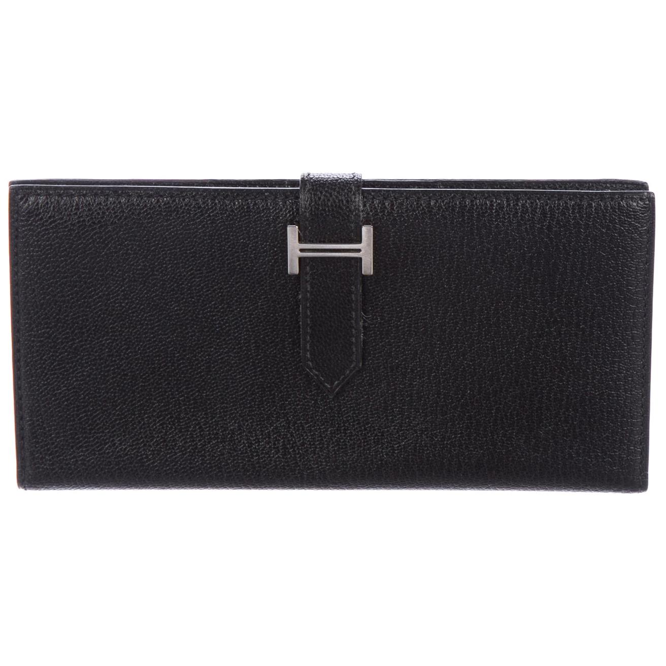 Hermes Black Leather Palladium 'H' Clutch Wallet in Box