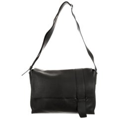 Hermes Black Leather Palladium Men's Travel Business Shoulder Flap Bag