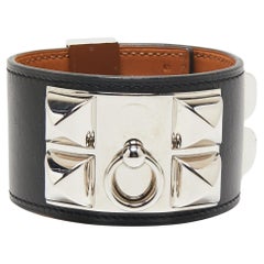 Hermès Bracelet Collier de Chien en cuir noir plaqué Palladium S