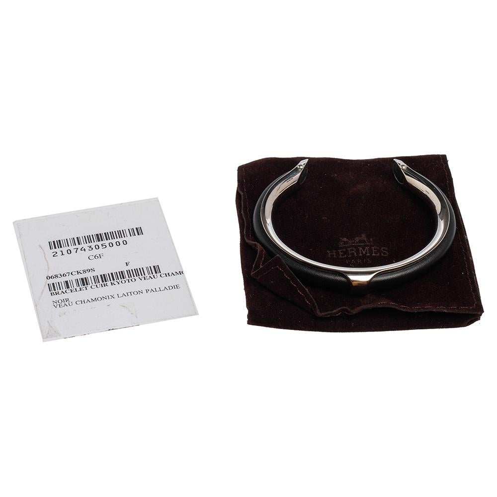 Women's Hermès Black Leather Palladium Plated Kyoto Cuff Bracelet