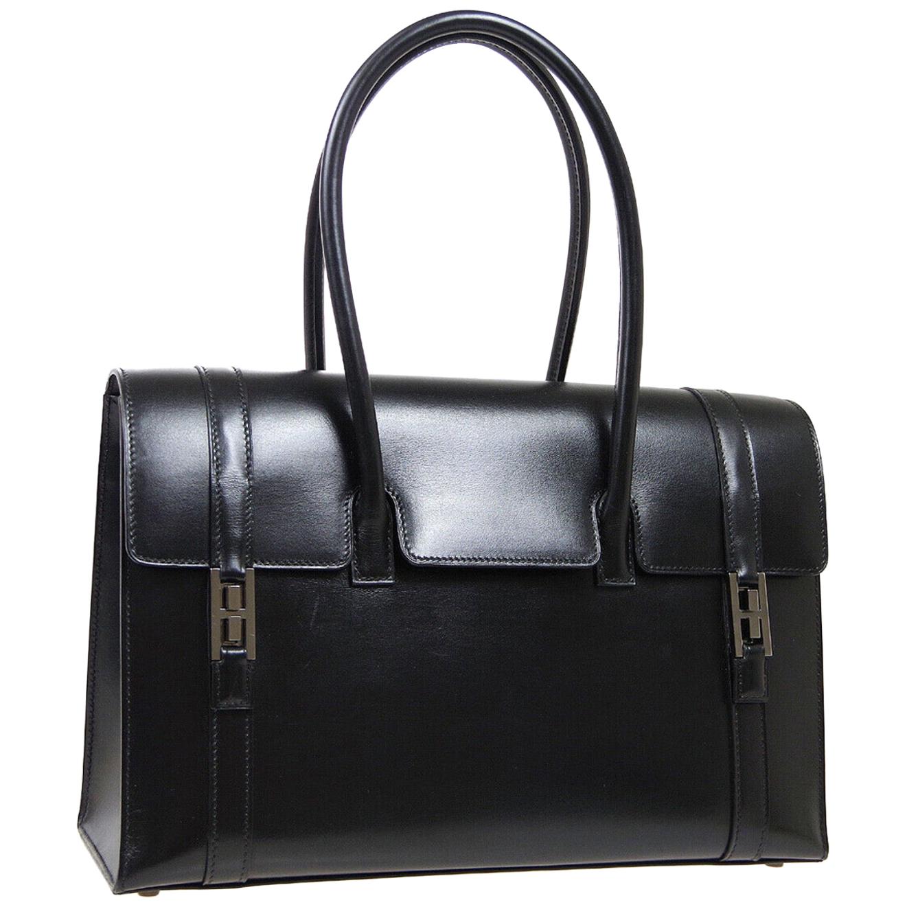 Hermes Black Leather Palladium Saddle Carryall Top Handle Satchel Kelly Flap Bag