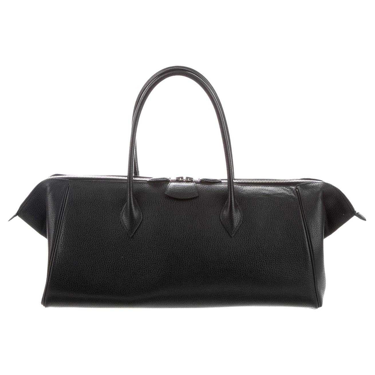 Hermes Black Leather Palladium Zip Top Handle Satchel Carryall Tote Bag