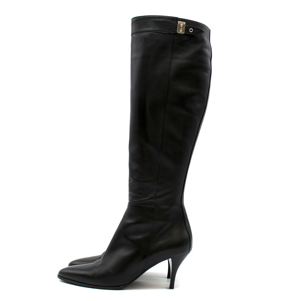 Women's Hermes Black Leather Point-toe Heeled Long Boots 37 (IT)