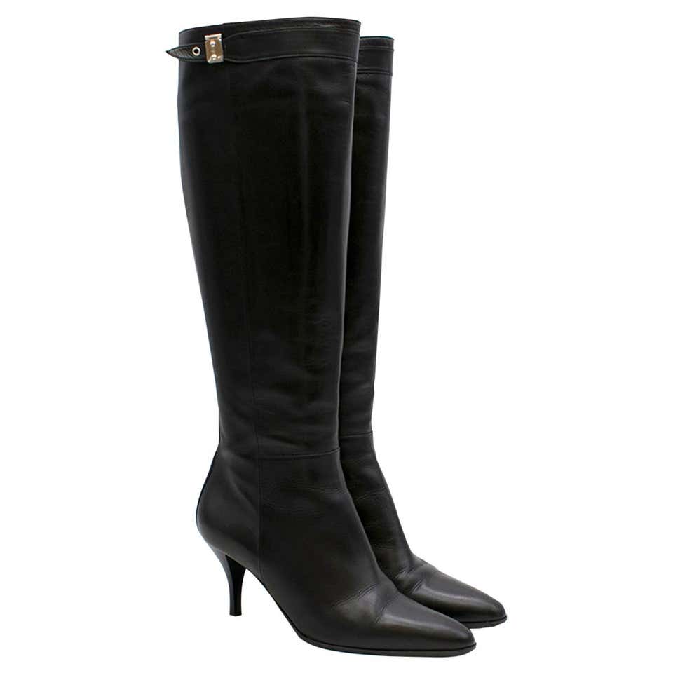 Hermes Black Leather Point-toe Heeled Long Boots 37 (IT) For Sale at ...