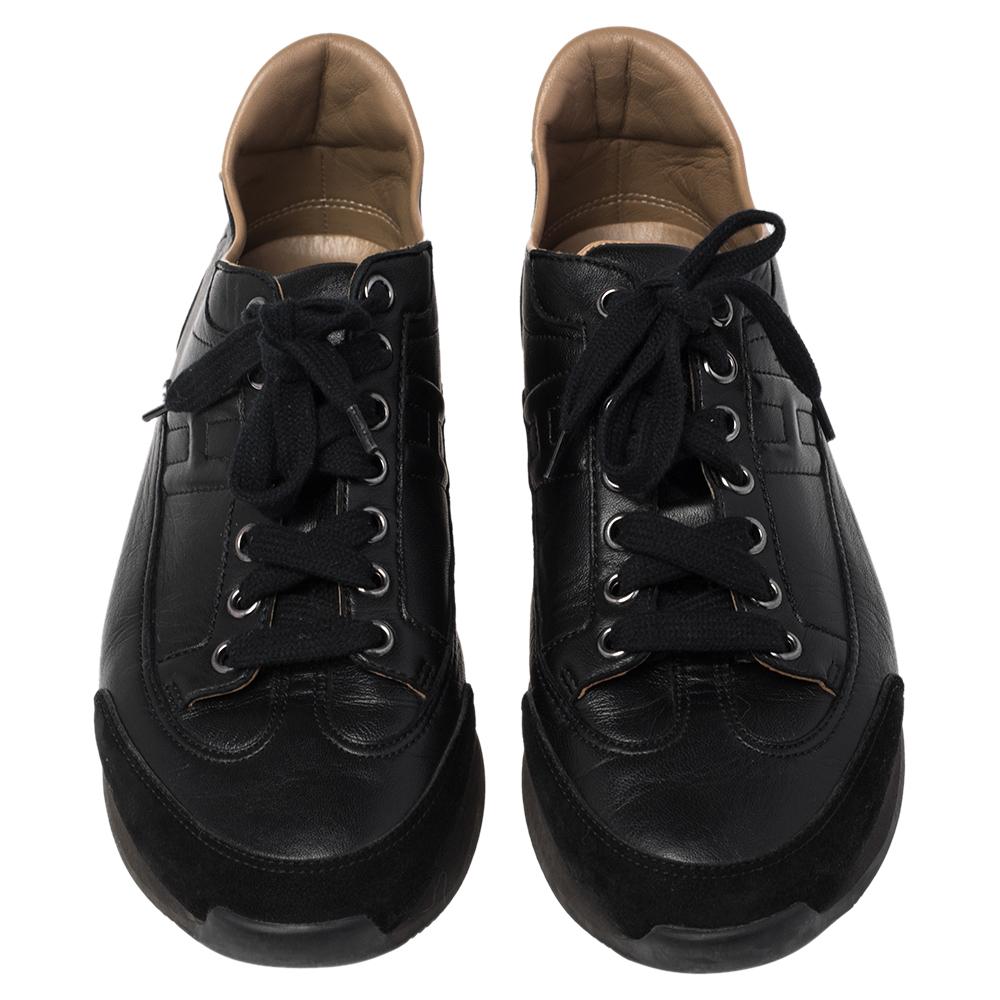 Hermes Black Leather Quick Low Top Sneakers Size 38.5 In Good Condition In Dubai, Al Qouz 2