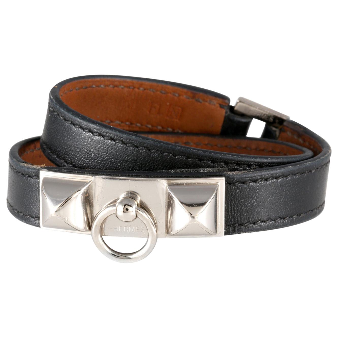 Hermès Schwarzes Leder Rivale Double Tour Armband