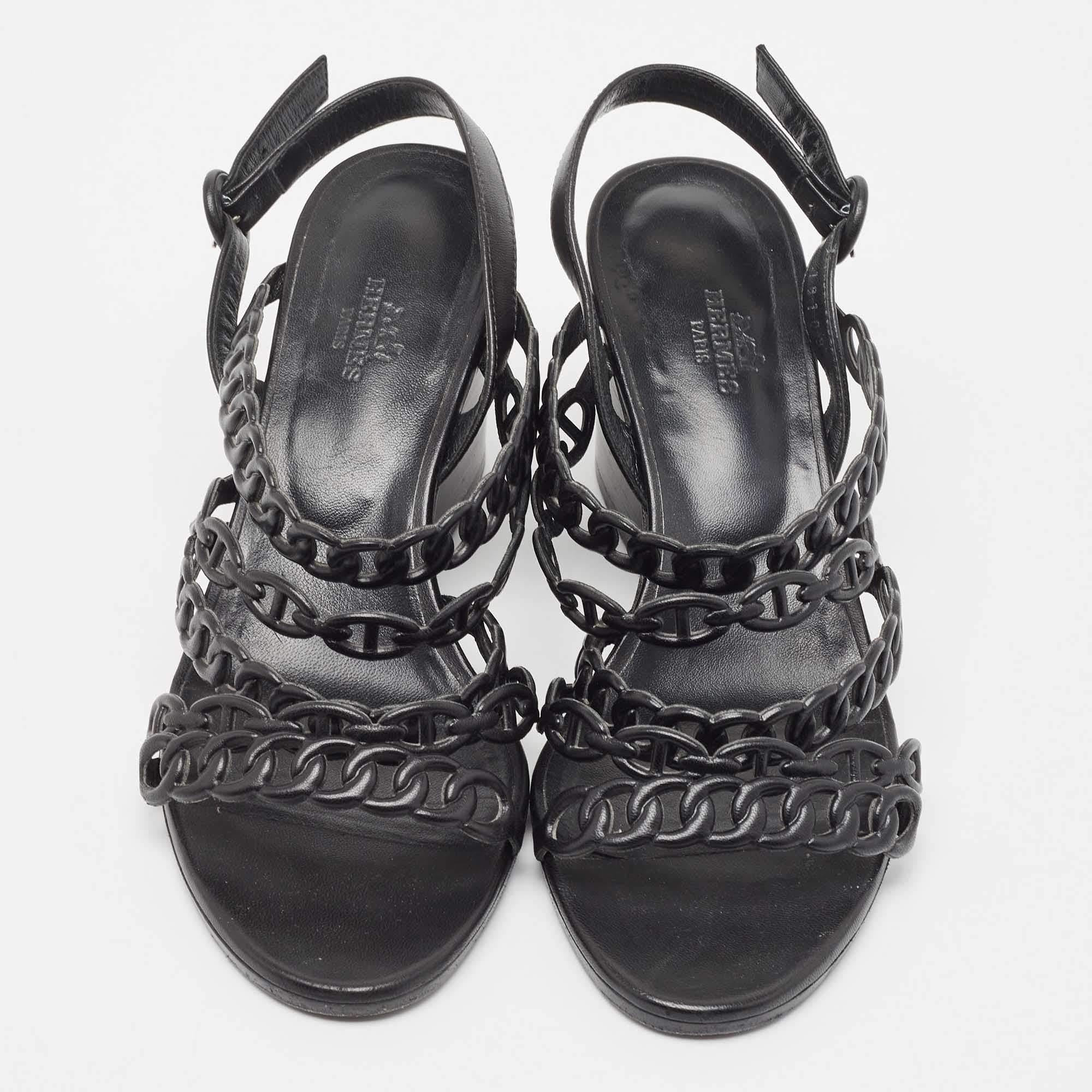 Hermes Black Leather Romanza Slingback Sandals Size 38 In Good Condition In Dubai, Al Qouz 2