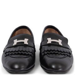 HERMES black leather ROYAL CONSTANCE FRINGE Loafers Flats Shoes 38.5