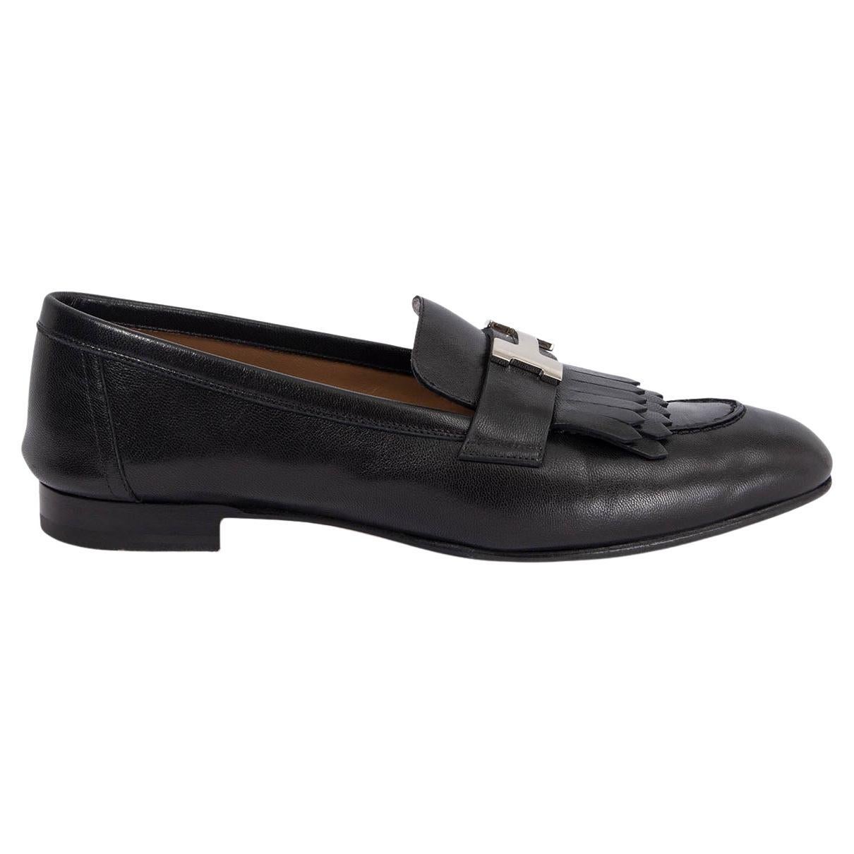 HERMES black leather ROYAL CONSTANCE FRINGE Loafers Flats Shoes 38.5