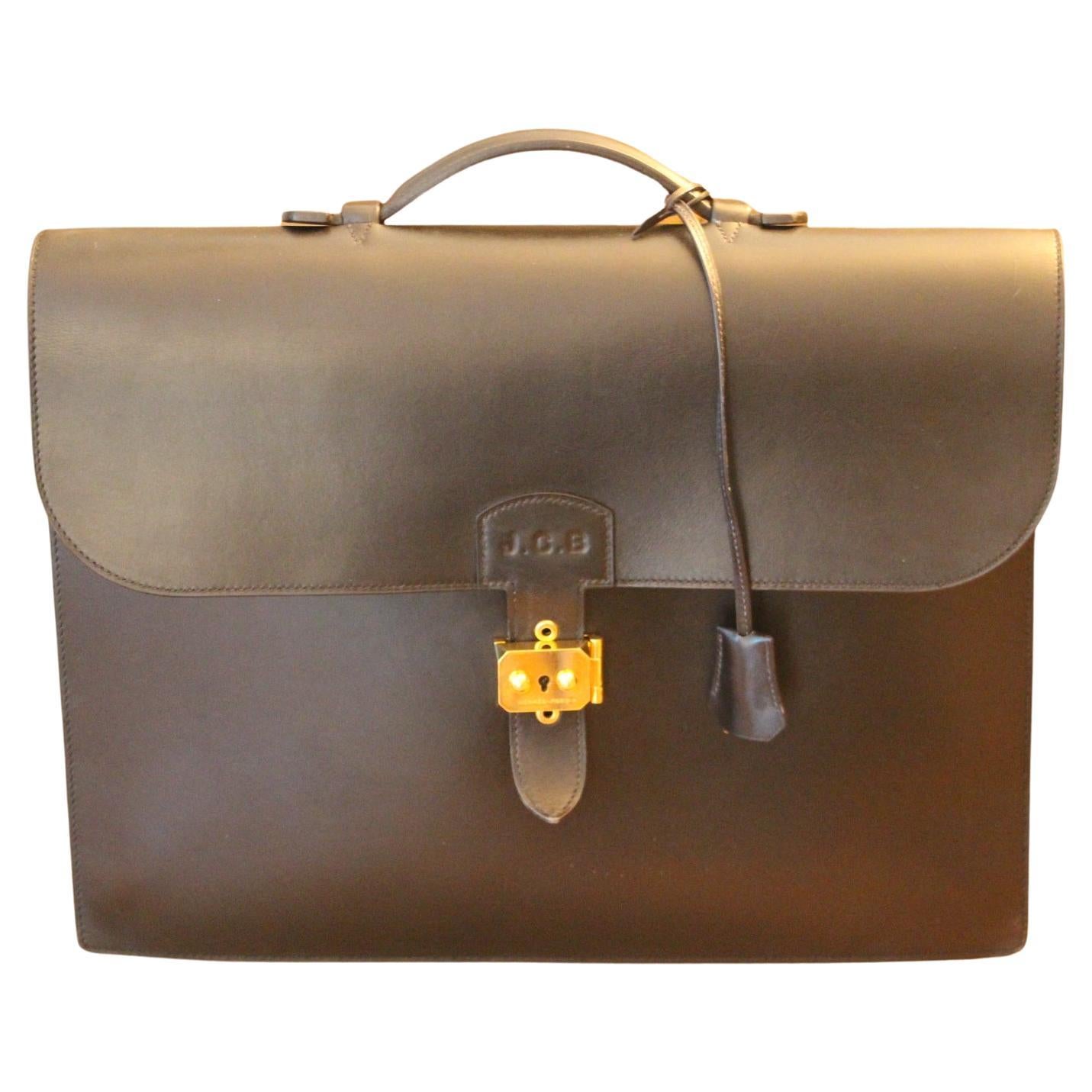 Hermes Black Leather Sac A Depeches Briefcase, Hermes Briefcase, Hermes bag