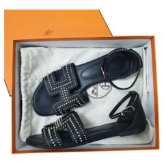 Hermes Schwarz Leder Santorini Ankle Wrap Sandalen Größe 37