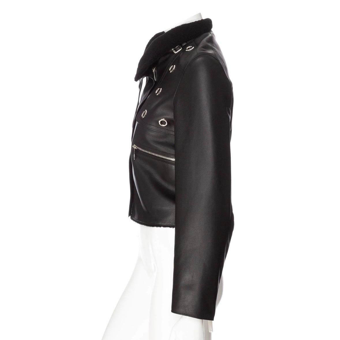 Women's Hermès Black Leather Shearling-Lined Cropped Biker Jacket   For Sale