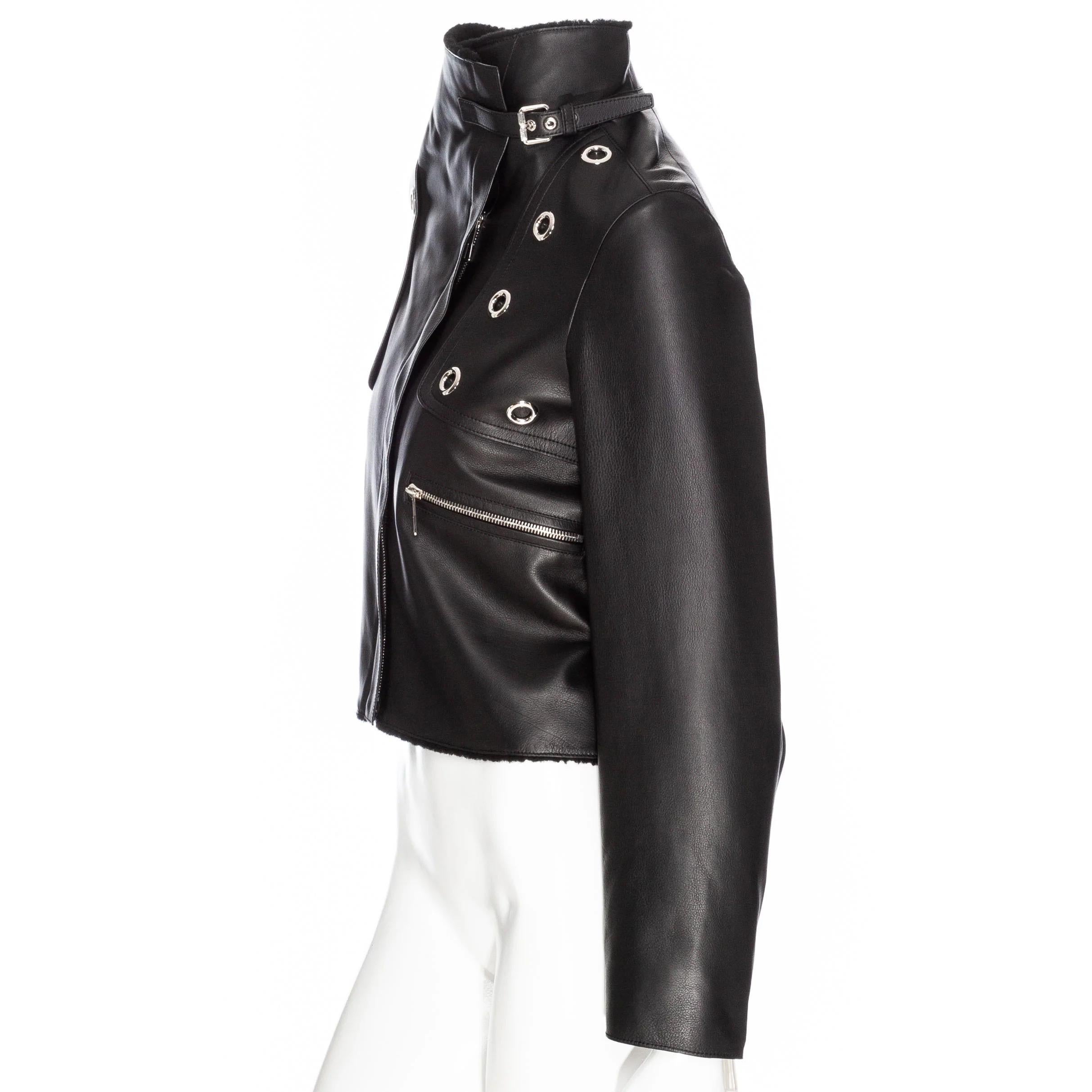 Hermès Black Leather Shearling-Lined Cropped Biker Jacket For Sale 2