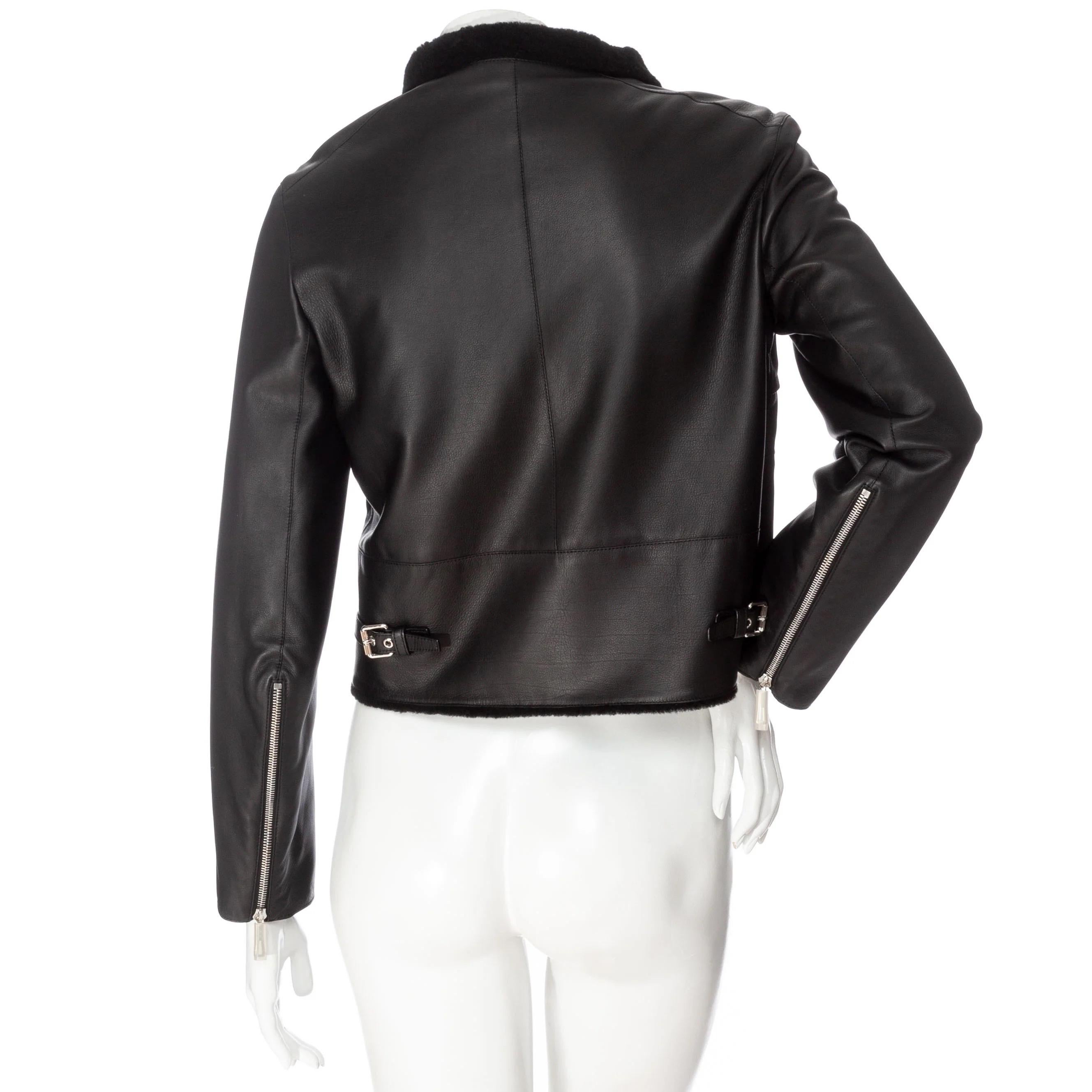 Hermès Black Leather Shearling-Lined Cropped Biker Jacket For Sale 3