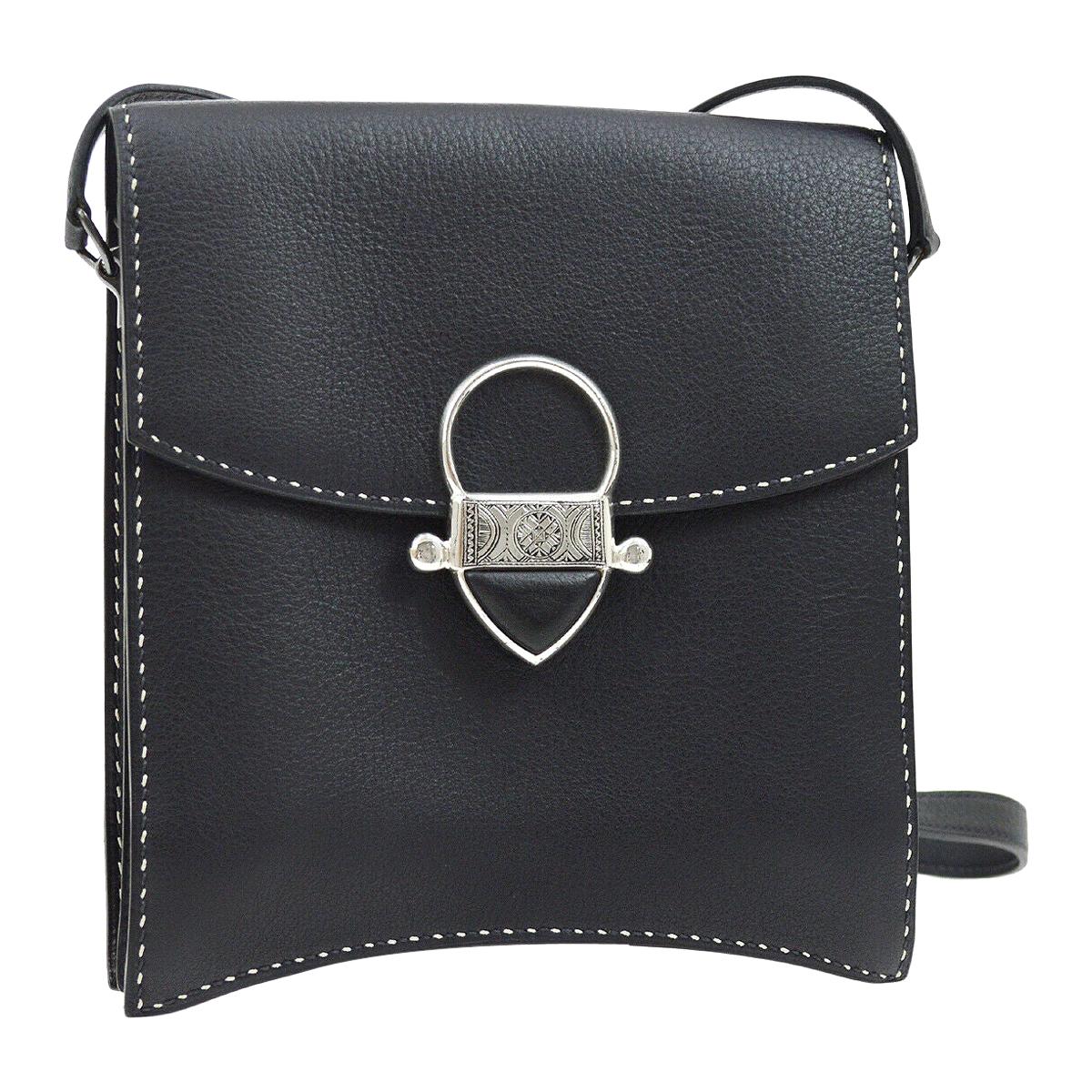 Hermes Black Leather Silver Emblem Flat Carryall Travel Shoulder Flap Bag