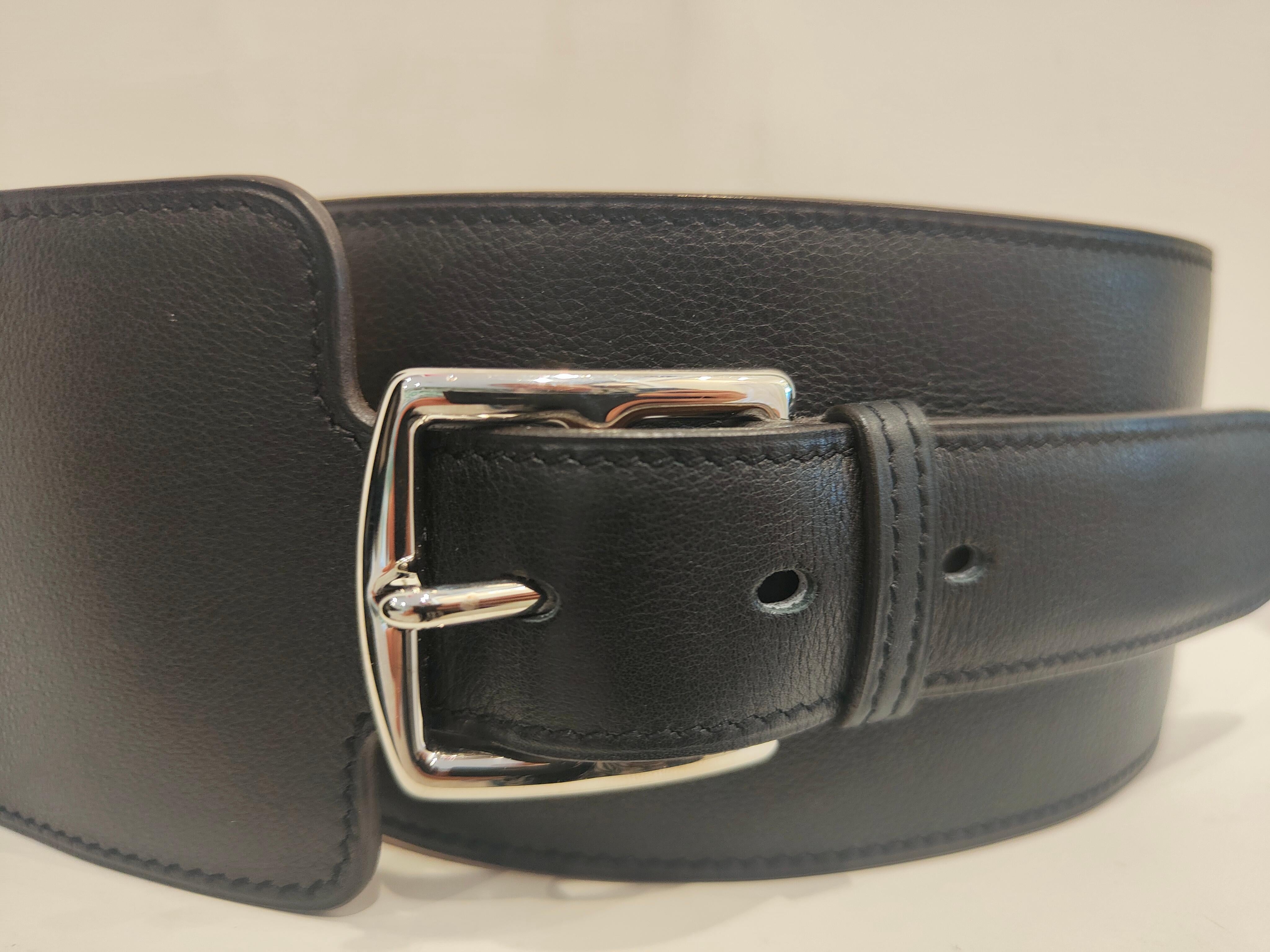 Hermès black leather silver hardware belt For Sale 1