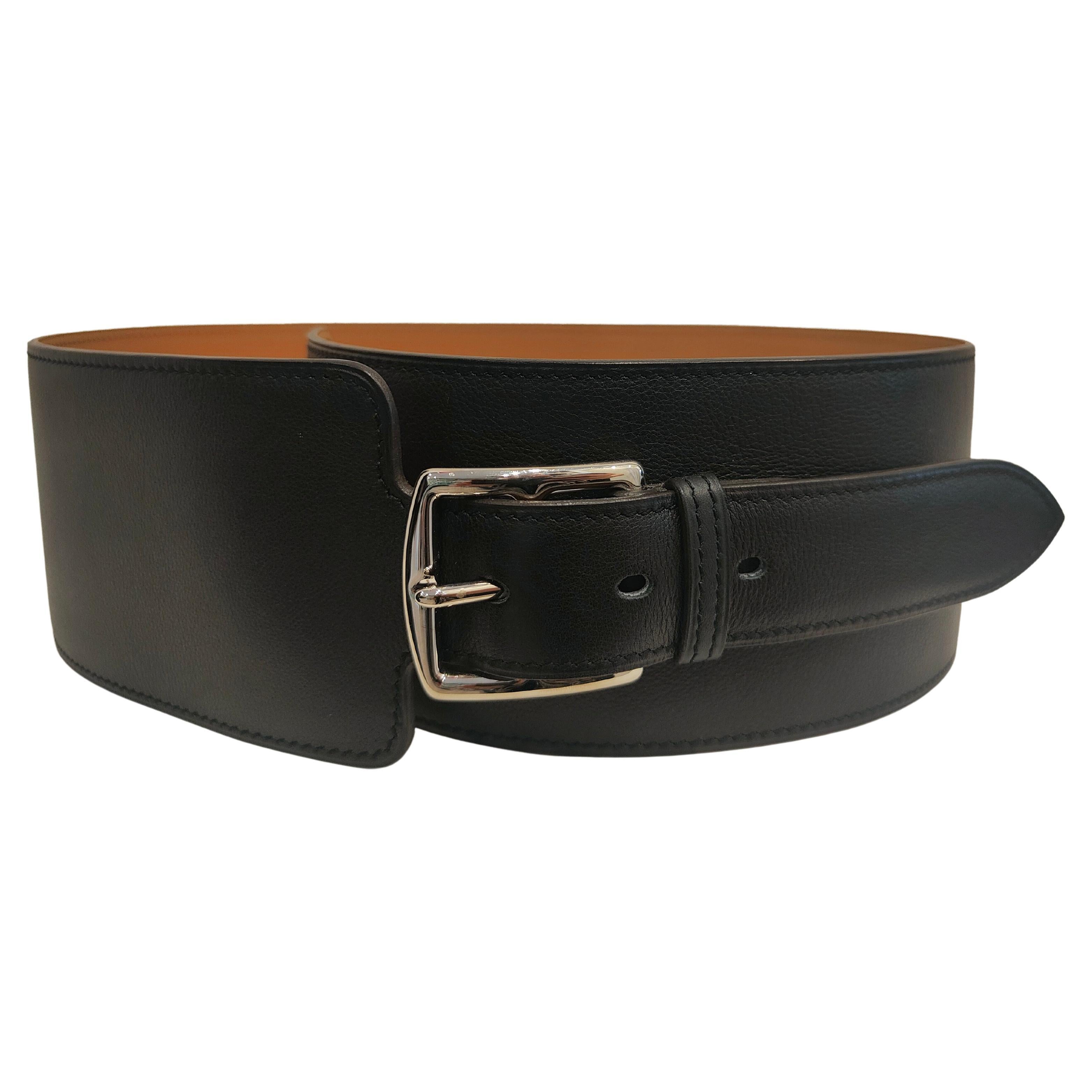 Hermès black leather silver hardware belt For Sale