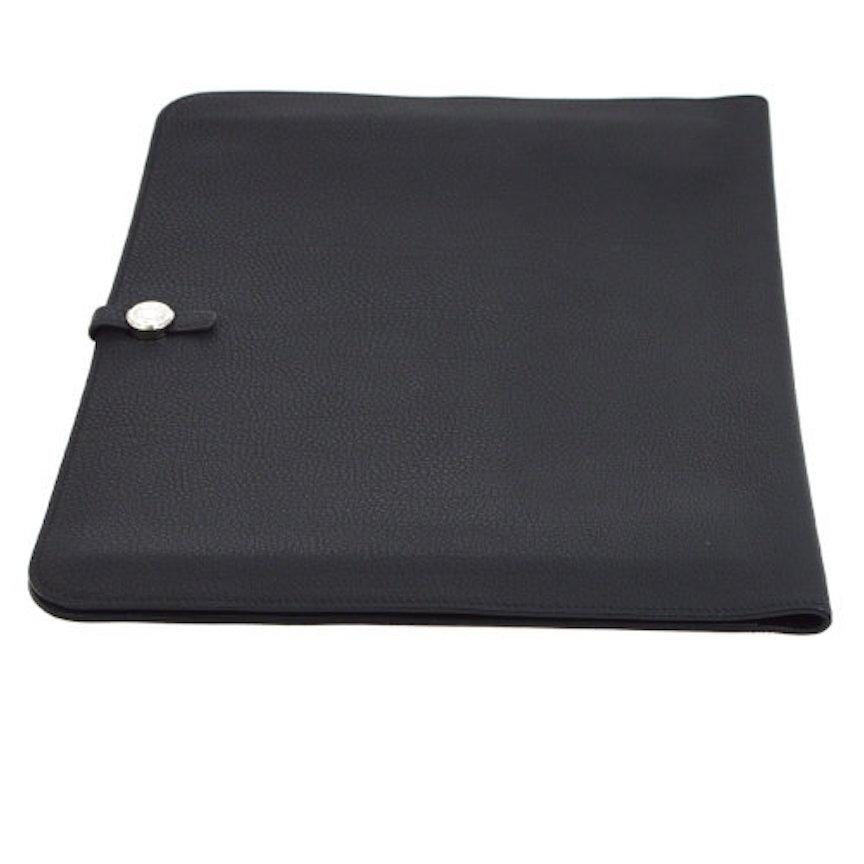  Hermes Black Leather Silver Large LapTop Business Envelope Clutch CarryAll Bag In Good Condition In Chicago, IL