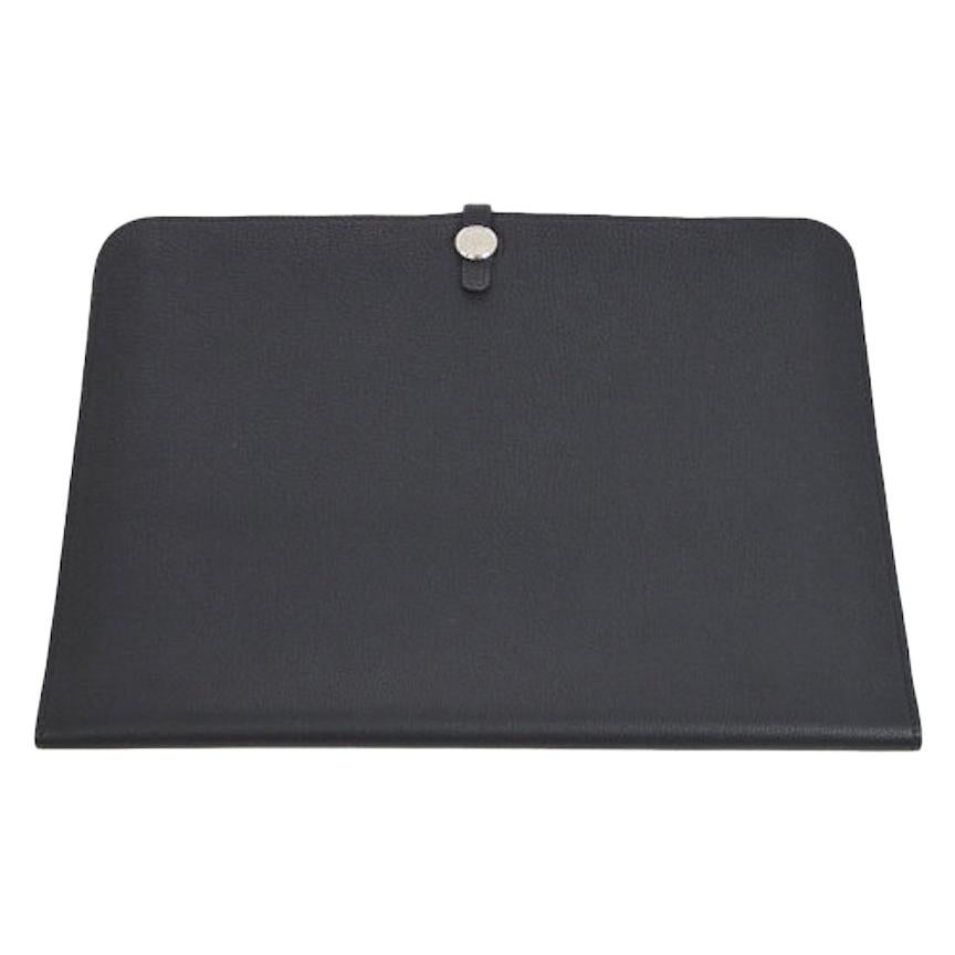 Hermes Black Leather Silver Large LapTop Business Envelope Clutch CarryAll Bag