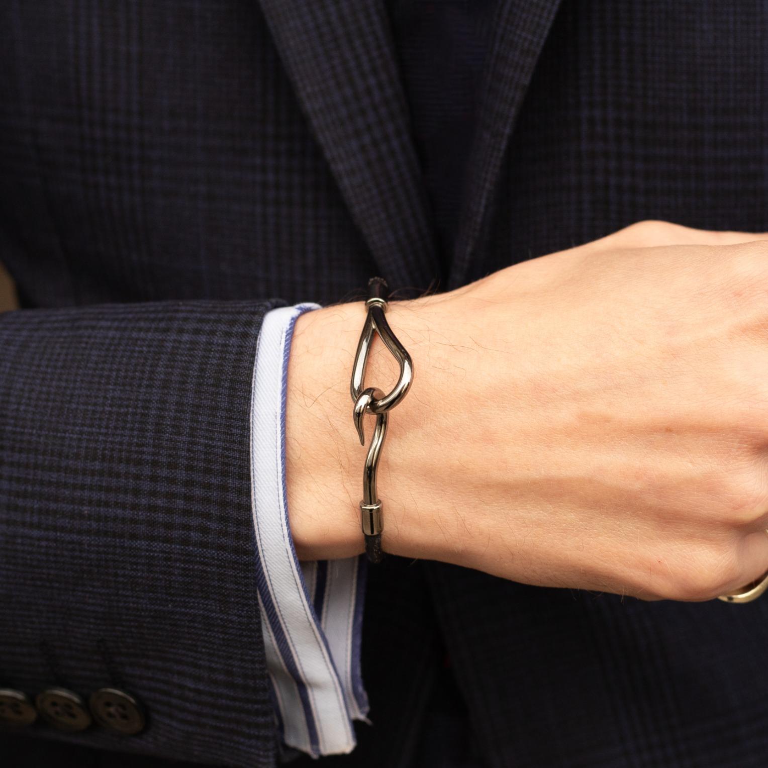 Hermès Black Leather Silver Metal Jumbo H Bracelet In Good Condition For Sale In London, GB