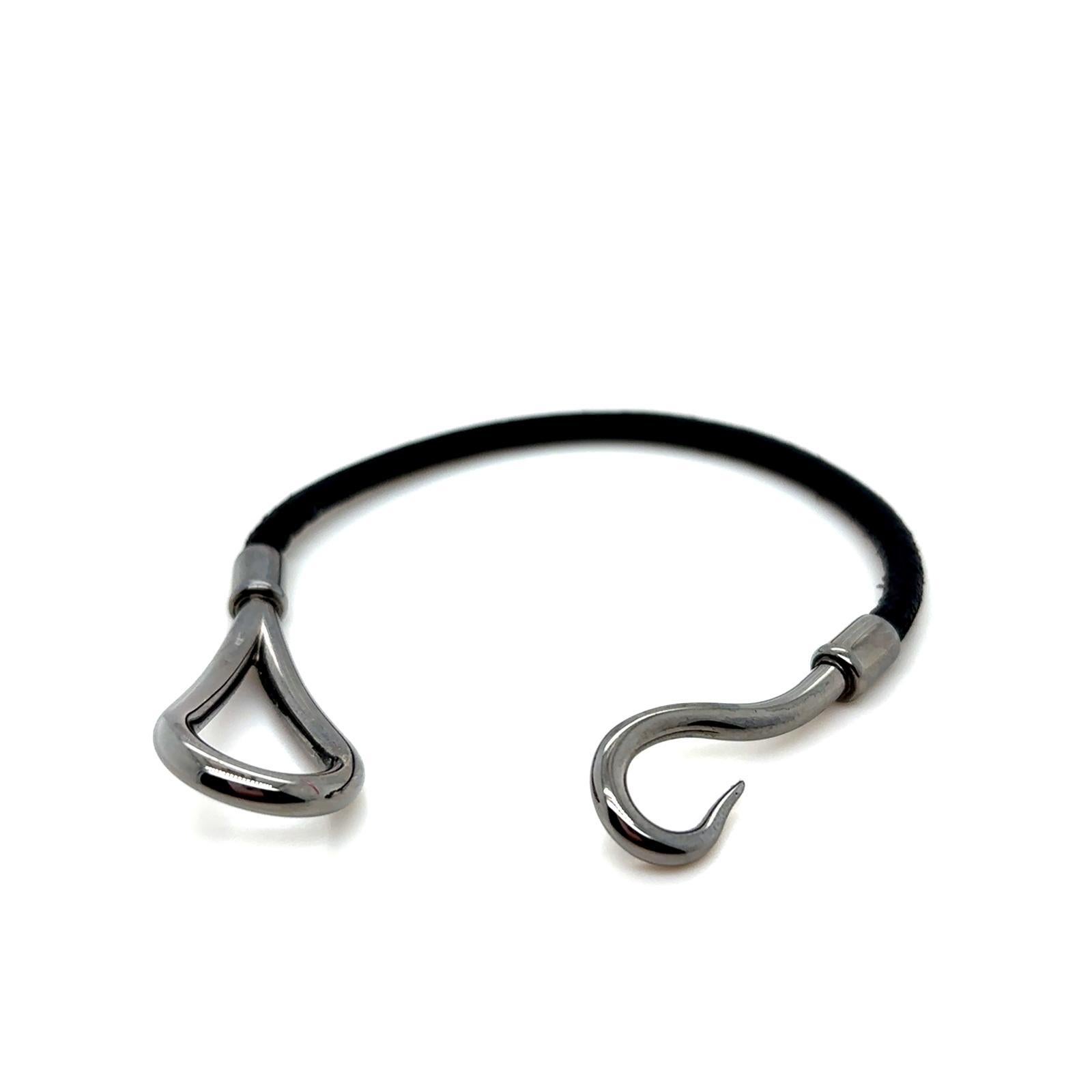 Women's or Men's Hermès Black Leather Silver Metal Jumbo H Bracelet For Sale