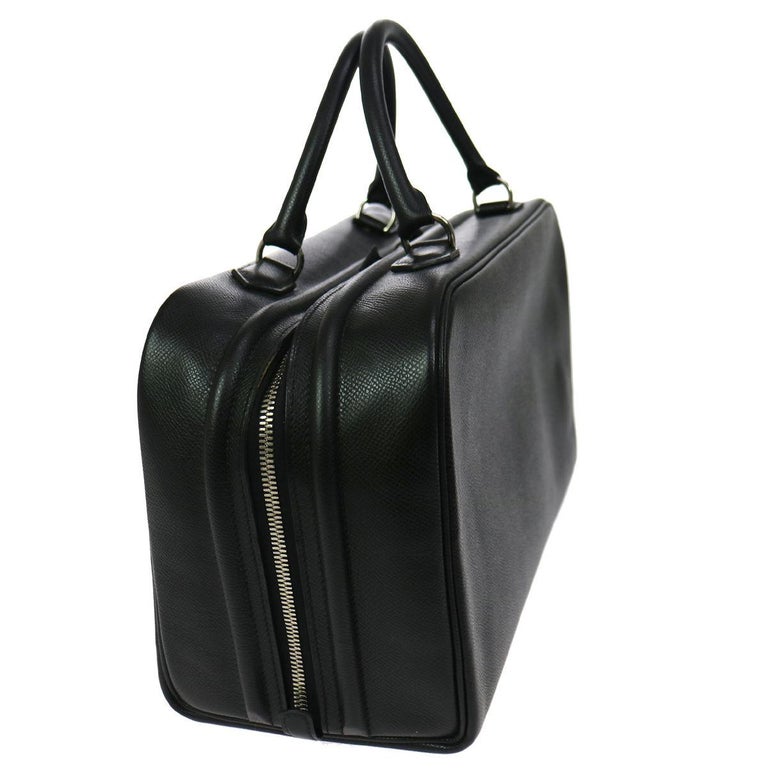 Hermes Black Leather Silver Zip Top Handle Satchel Carryall Travel Tote