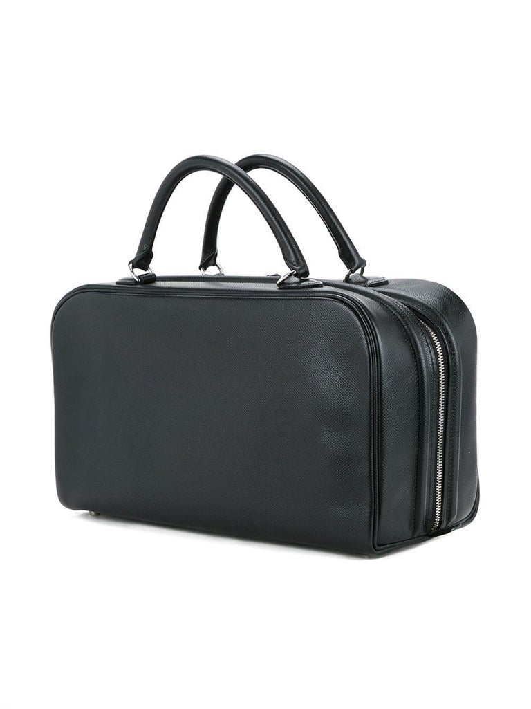 Hermes Black Leather Silver Zip Top Handle Satchel Carryall Travel Tote Bag For Sale at 1stDibs