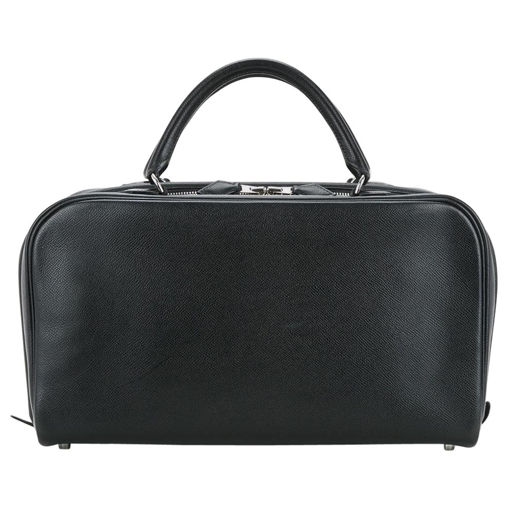 Hermes Black Leather Silver Zip Top Handle Satchel Carryall Travel Tote