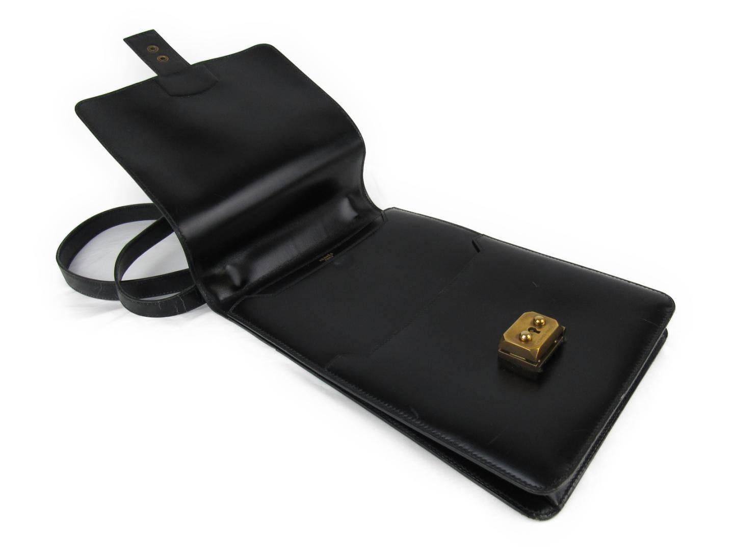 Hermes Black Leather Single Double Strap Evening Satchel Shoulder Flap Bag 1