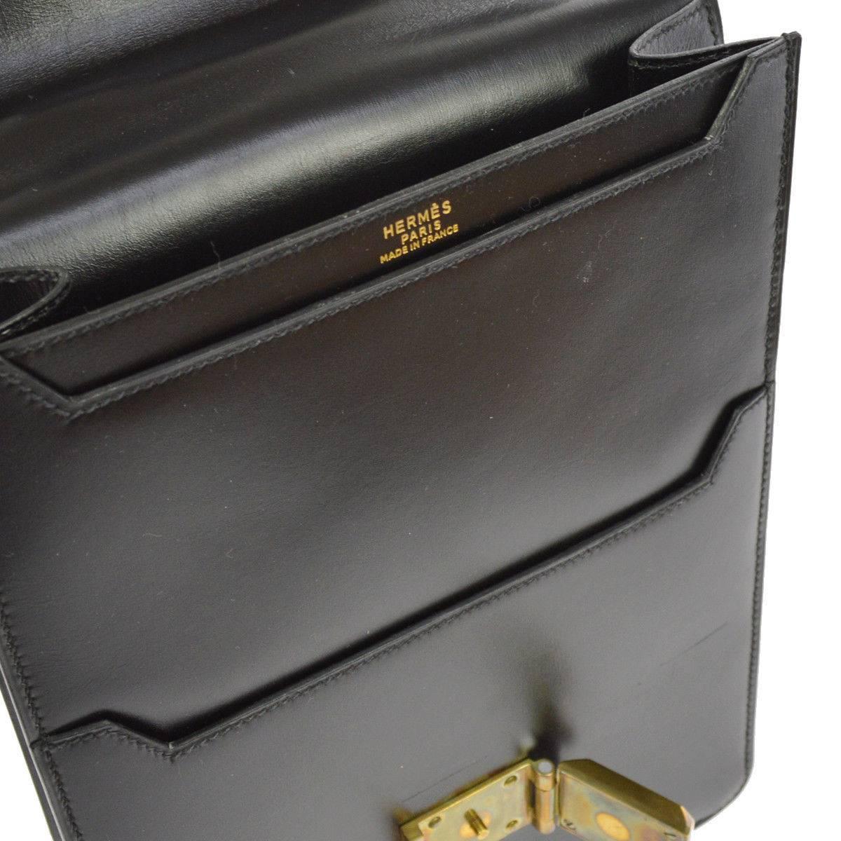 Hermes Black Leather Single Double Strap Evening Satchel Shoulder Flap Bag 2