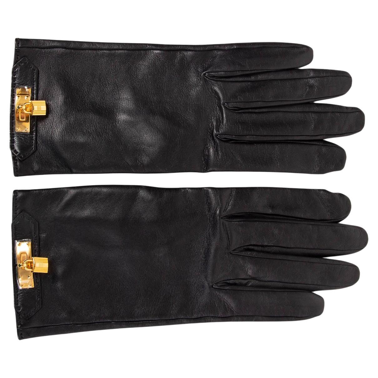 HERMES black leather SOYA EKLLY LOCK CADENA Gloves 8.5